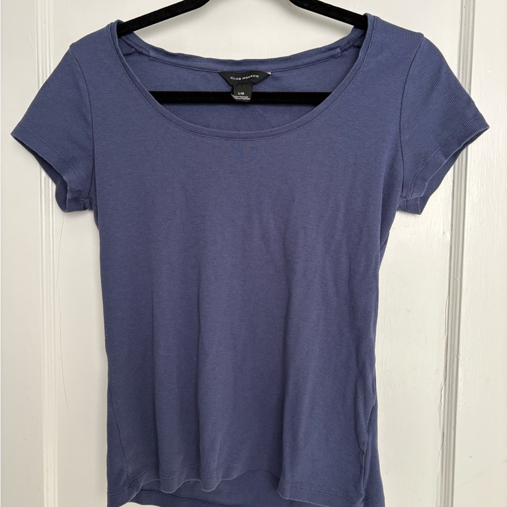 Club Monaco Women's Blue Ribbed Short Sleeve Tee